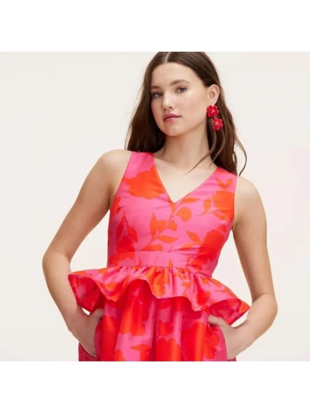 NEW Kate Spade New York Target Size 4 Midi Dress Pink Red Rose Floral Peplum - Picture 2 of 8